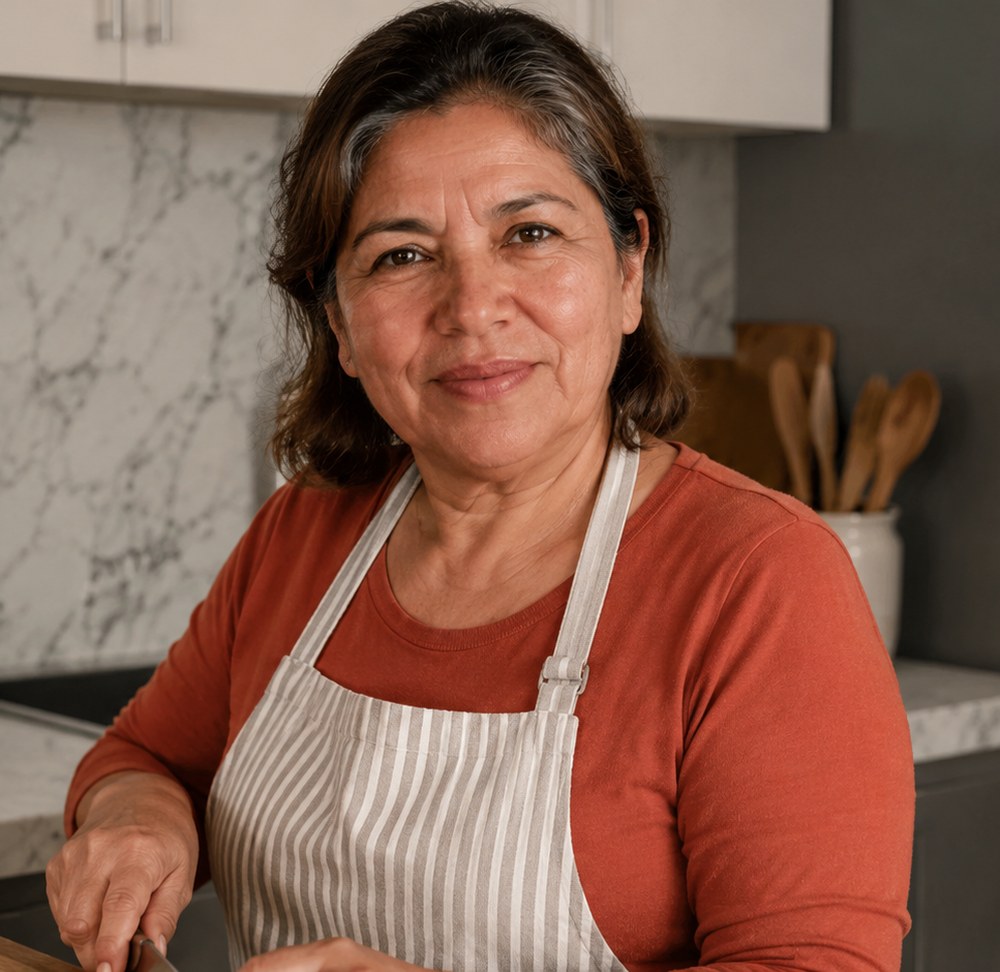 Graciela Vega picando en su cocina